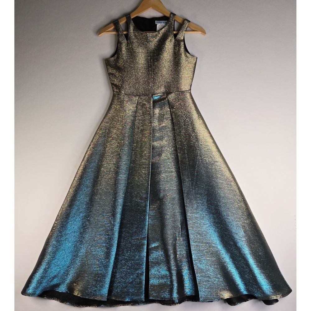 Tween Diva Girls Iridescent Metallic Formal Gown Gold Blue Pleated Dress Size 12